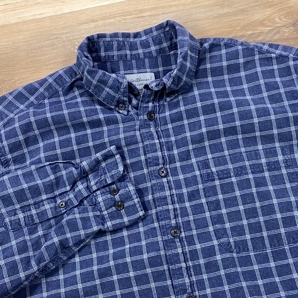 Eddie Bauer Button Down Shirt‎ Mens M Heritage Plaid Cotton Viscose Blue Classic